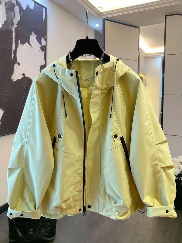 Loose-Fitting, Stylish American-Style Windproof Jacket for Women, Hooded Windbreaker, Denim Cotton, Universal Type