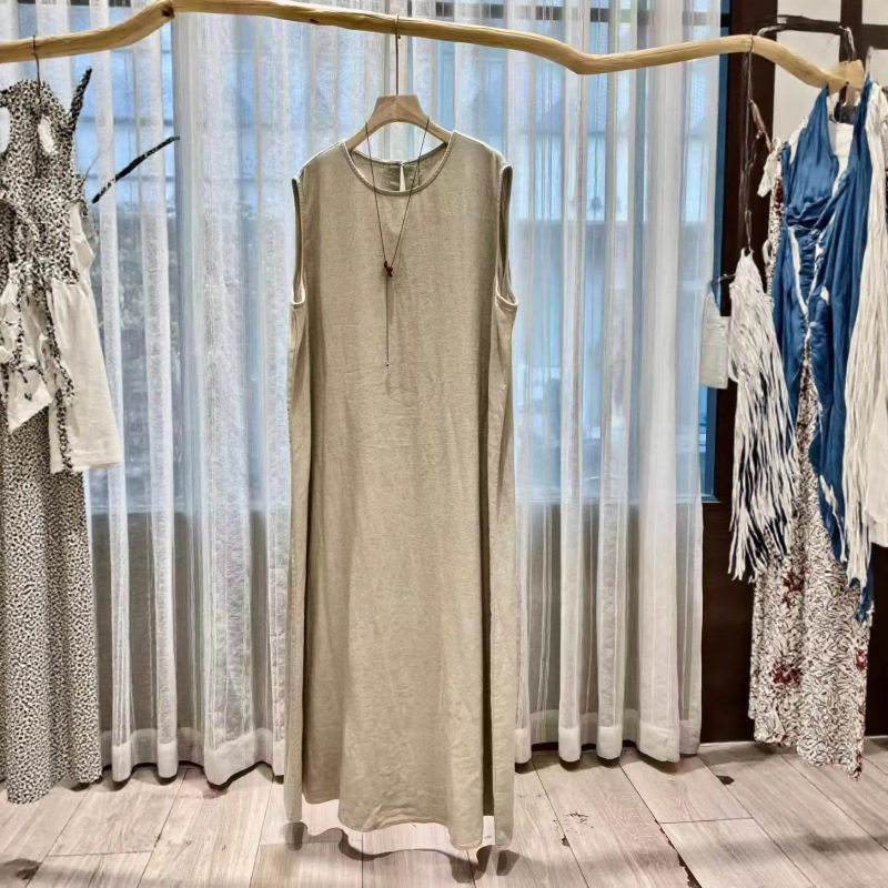 Spring and Summer New Style Plain Extended-Length Sleeveless Cotton-Linen Gentle and Elegant Round-Neck Loose Slimming Tank Dress Versatile Dress