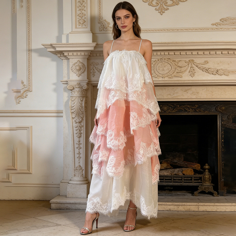 Romantic Resort-Style Spaghetti Strap Long Dress for Women, 2026 Autumn New Style, Off-Shoulder Lace Patchwork Multi-Layer Cake Dress