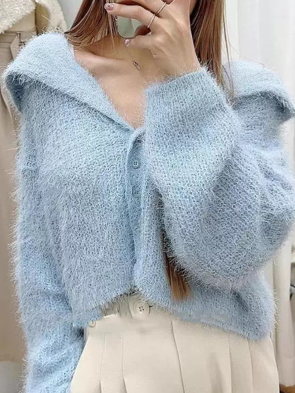 Korean Chic Autumn and Winter Gentle Elegant Navy Collar Single-Breasted Soft Waxy Mink Velvet Cardigan Knitted Sweater Jacket for Women