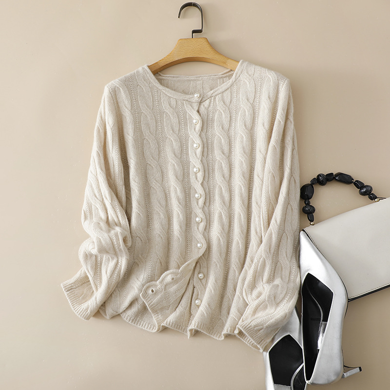 Elegant soft cashmere demi-season solid color cardigan with a round…