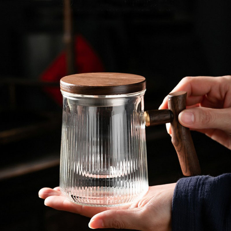 Mango de madera taza de té de tres piezas Oficina vidrio transparente martilla engrosada taza de té negro resistente al calor juego de té verde doméstico
