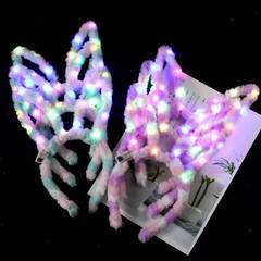 New Glowing Rainbow Plush Rabbit Ear Headband with Extended Feather Rabbit Ears Hair Accessory Christmas Adult Shining Headwear
