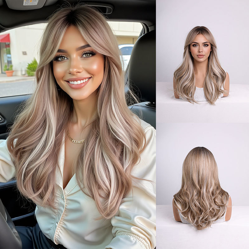 Mid-Length Cross-Border Linen Gradient Gold Slightly Wavy Cool and Sophisticated Synthetic High-Temperature Fiber Women's Full Wig