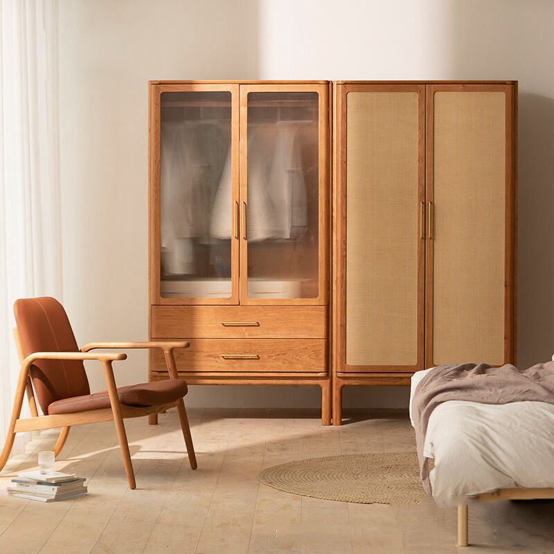 北欧实木衣柜 家用小户型玻璃收纳多功能衣橱卧室简约靠墙储物柜