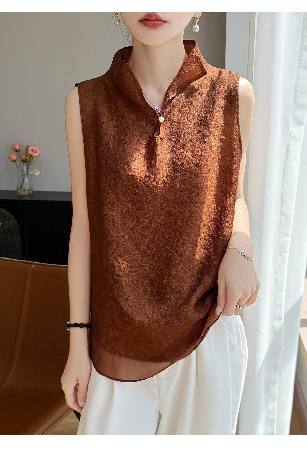 Áo sơ mi không tay cổ lật nữ chất tơ tằm phong cách quốc gia — Champagne màu chi tiết 19