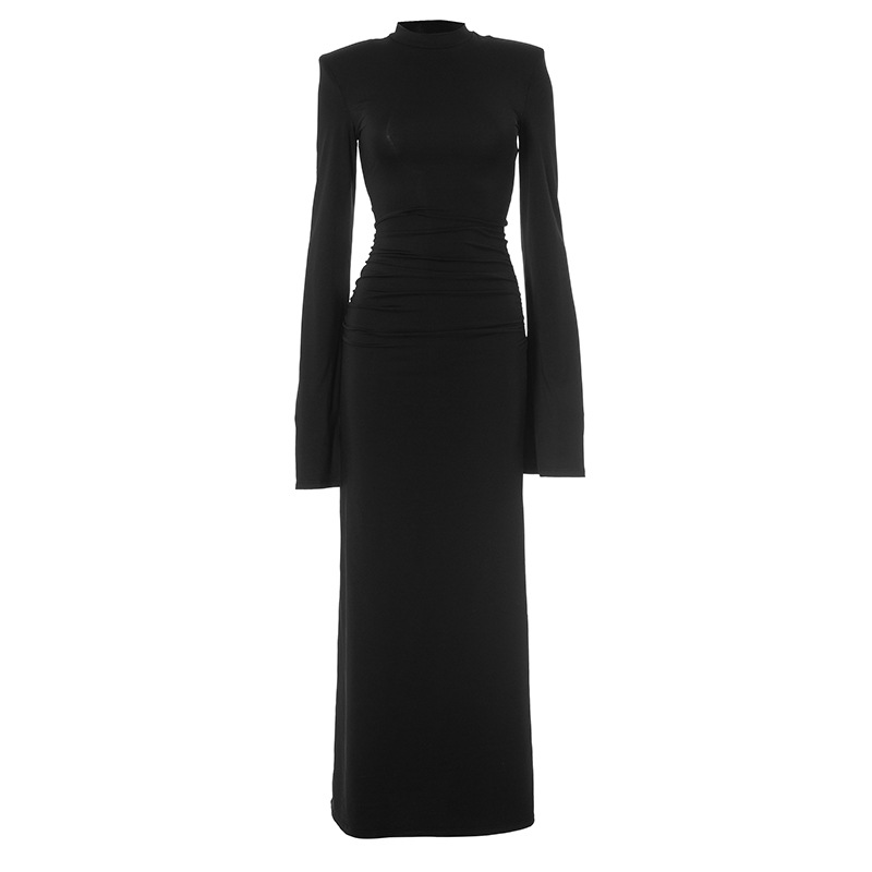 Women Clothing Sexy Slim Fit Solid Color round Neck Split Cuff Maxi Dress