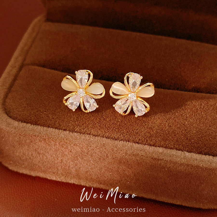 18k oro real chapado agujas de plata zircon piedra de ojo de gato pernos de flores delicados pendientes de aretes de lujo ligero de alto nivel image 1