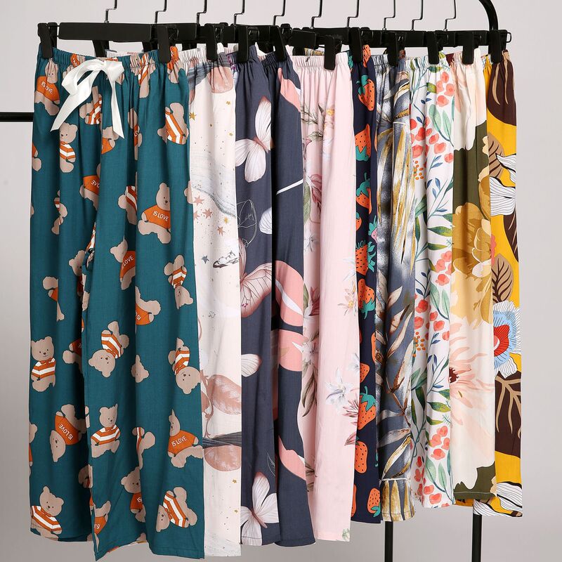 Summer new cotton silk pajama pants women's thin plus size loose floral pants wide-leg pants pregnant women can wear outside pants