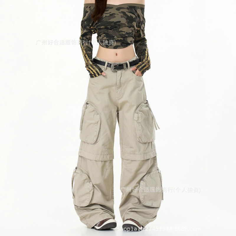 In-stock American-style large-pocket design retro khaki cargo pants for trendy girls, straight wide-leg pants with a high street stacked look