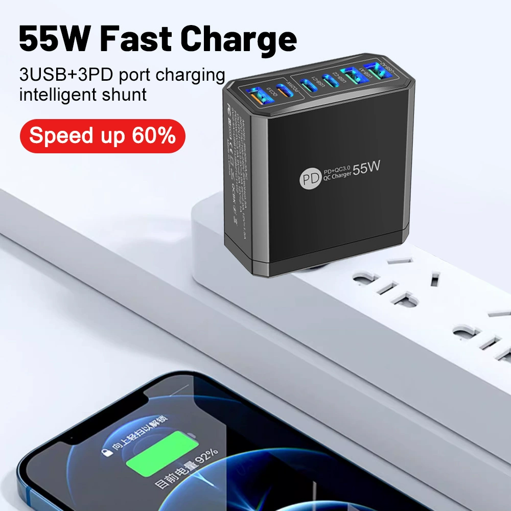 Быстрое зарядное для мобильного телефона 3PD+3USB, дорожный блок, стандарты PD55W QC3.0+PD25W