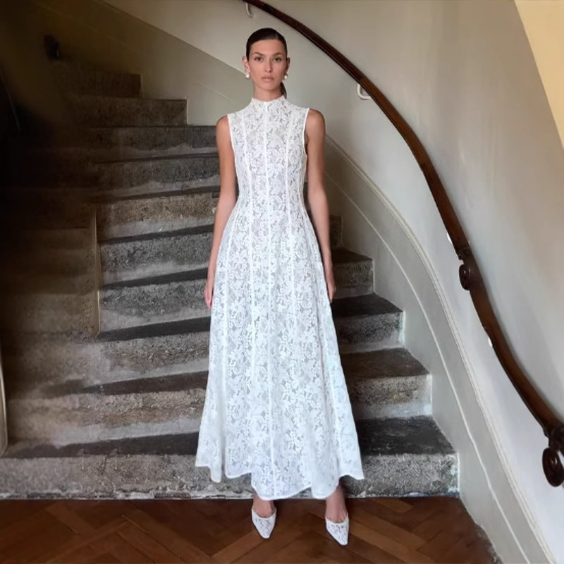 In Stock 2025 Foreign Trade Wholesale New European and American Style Elegant Sleeveless High-Neck Lace Trumpet Dress