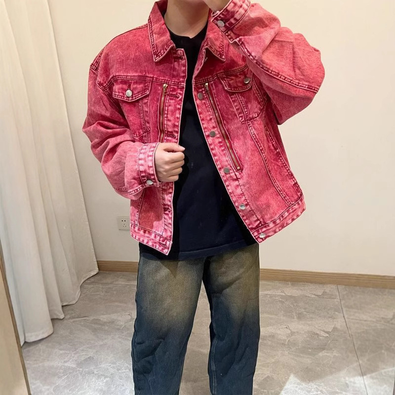 Short Rose Red Denim Jacket Men's Spring and Autumn American-style Vibe High Street Zipper Design Lass Crock Jacket