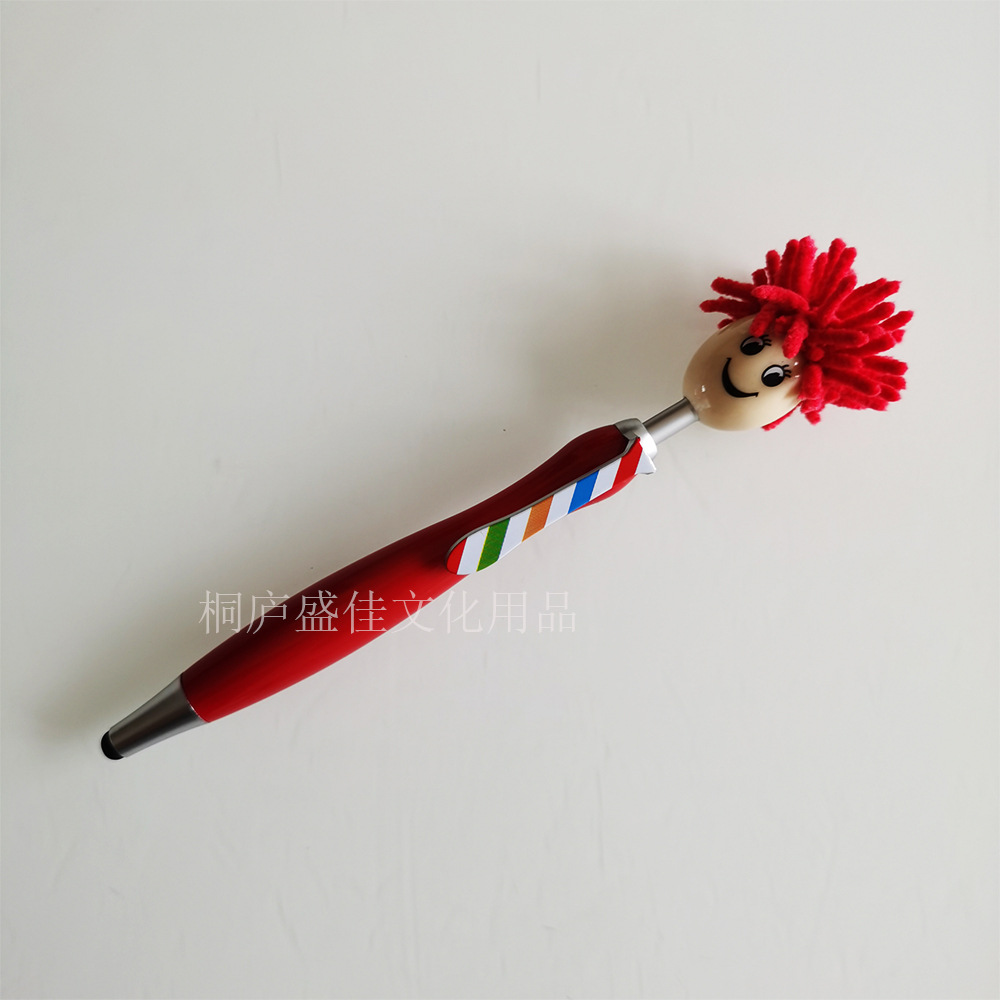 Fabricante en stock Navidad de dibujos animados felpa muñeca cabeza trapeador cara sonriente expresión retrato tres en uno toque bolígrafo