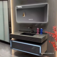 折叠风水镜柜一体浴室柜现代实木一体卫生间洗手盆洗脸洗漱台灰色