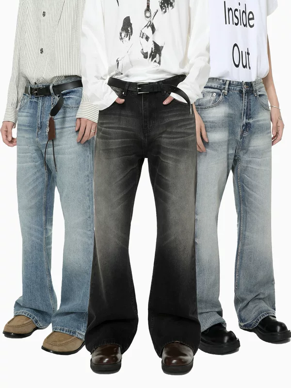 Мужская одежда MTLCLOTHES|Корейская версия Cleanfit вымытой фактурной белые узкие джинсы с микроросчеркой и лёгким расклешением