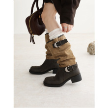 复古金属扣粗跟堆堆靴子女2025新款西部牛仔靴直筒绒面中筒骑士靴