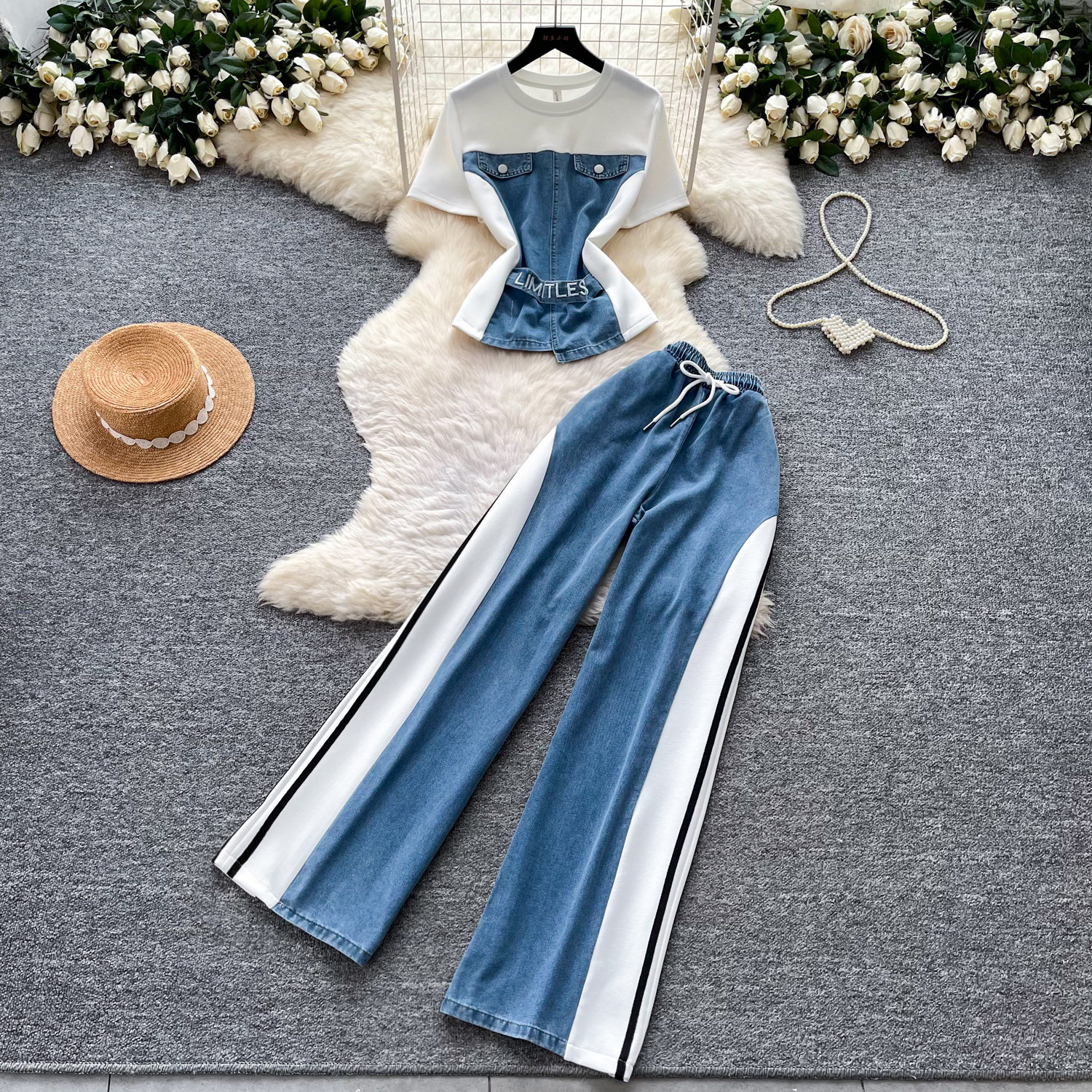 Retro Patchwork Denim Set for Women Short Sleeved Hong Kong Style Summer Casual Straight Leg Pants Two Piece Slimming Outfit_ecoleips.com