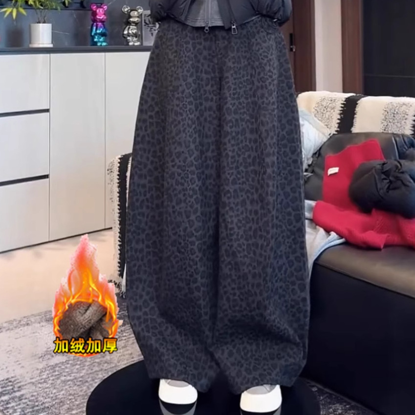 加绒加厚豹纹阔腿弯刀裤女冬新款宽松高腰显瘦直筒香蕉裤潮A8648