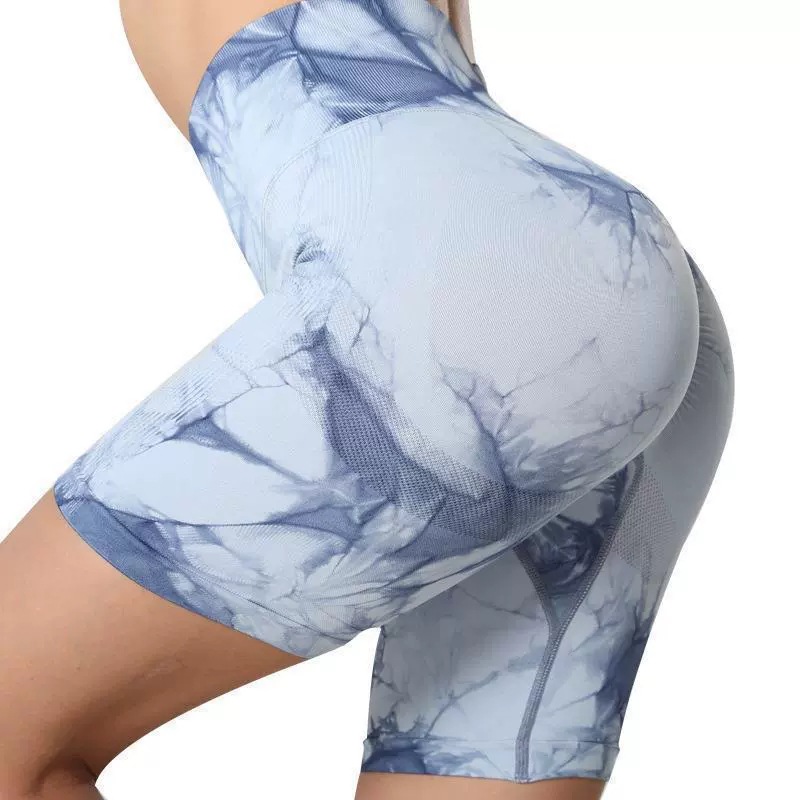 Fábrica directa de ganchos de cadera teñido impresión de yoga fitness pantalones cortos transpirables secos de melocotón