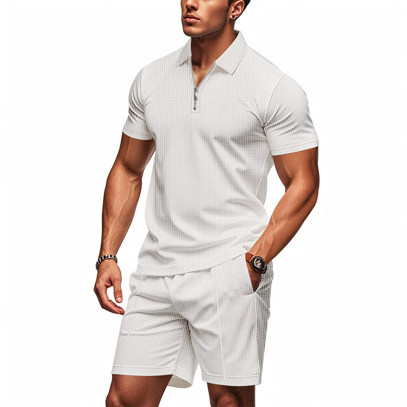 Summer Polo Men's Waffle Suit Zip Up Short Sleeved Two Piece Set_voghion.com