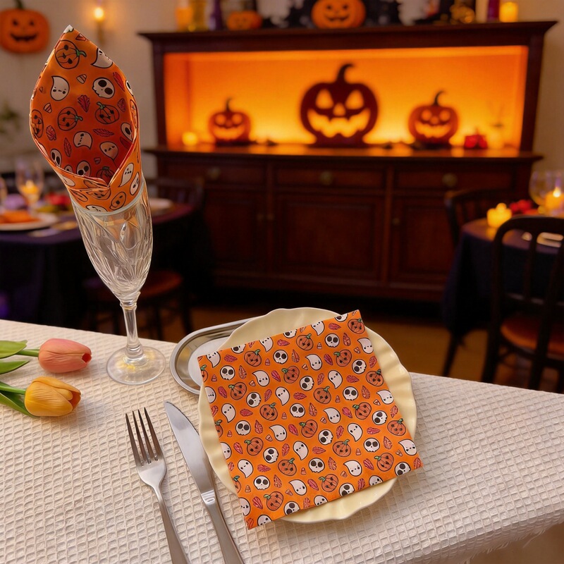 Halloween Printed Disposable Napkins with Pumpkin, Ghost, Bat, Castle, and Quirky Ghost Designs, Double-Layer Thickened Paper Napkins Halloween Printed Disposable Napkins with Pumpkin, Ghost, Bat, Castle, and Quirky Ghost Designs, Double-Layer Thickened Paper Napkins