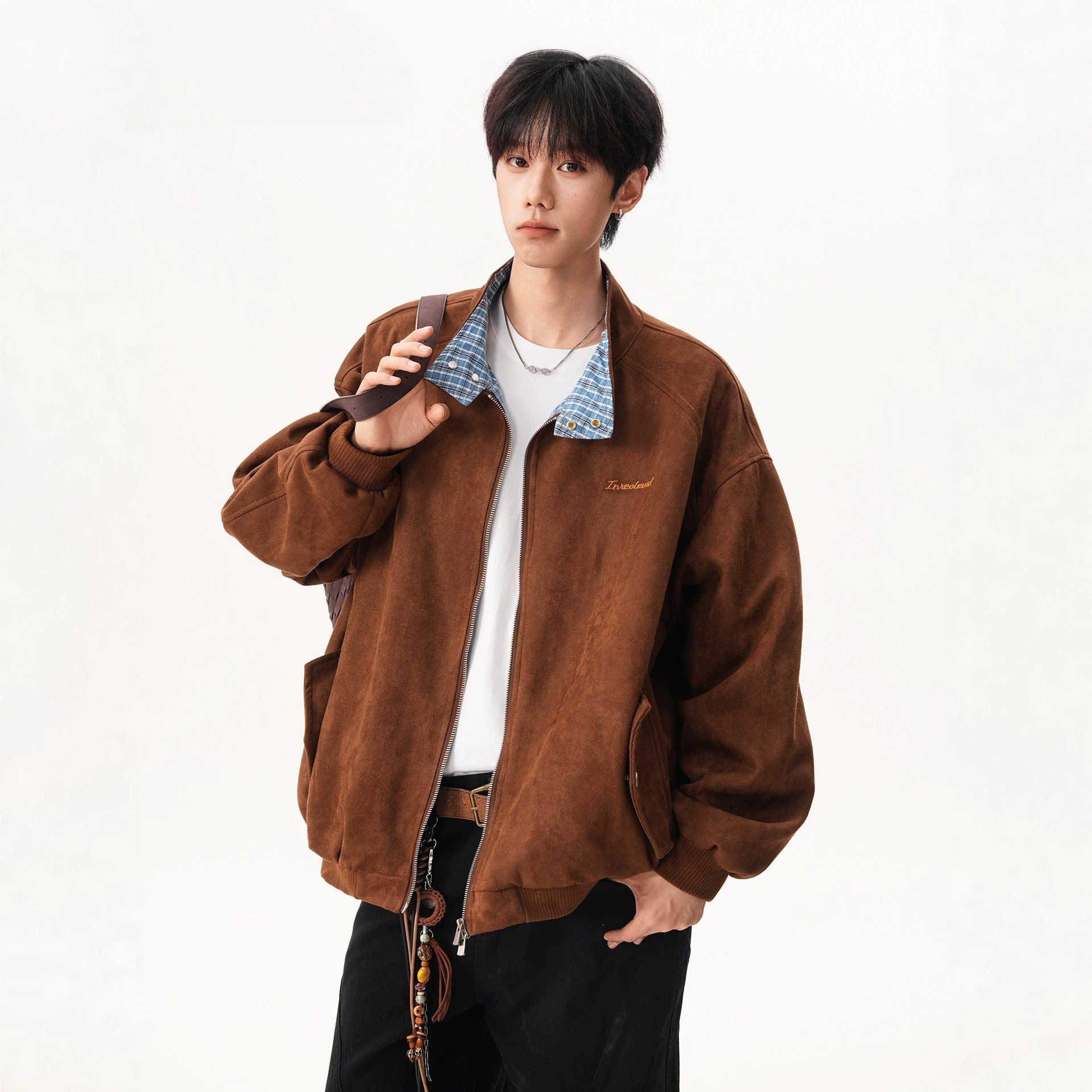 American-style suede plaid patchwork lapel jacket for men and women, autumn retro loose baseball jacket, casual couple coat.