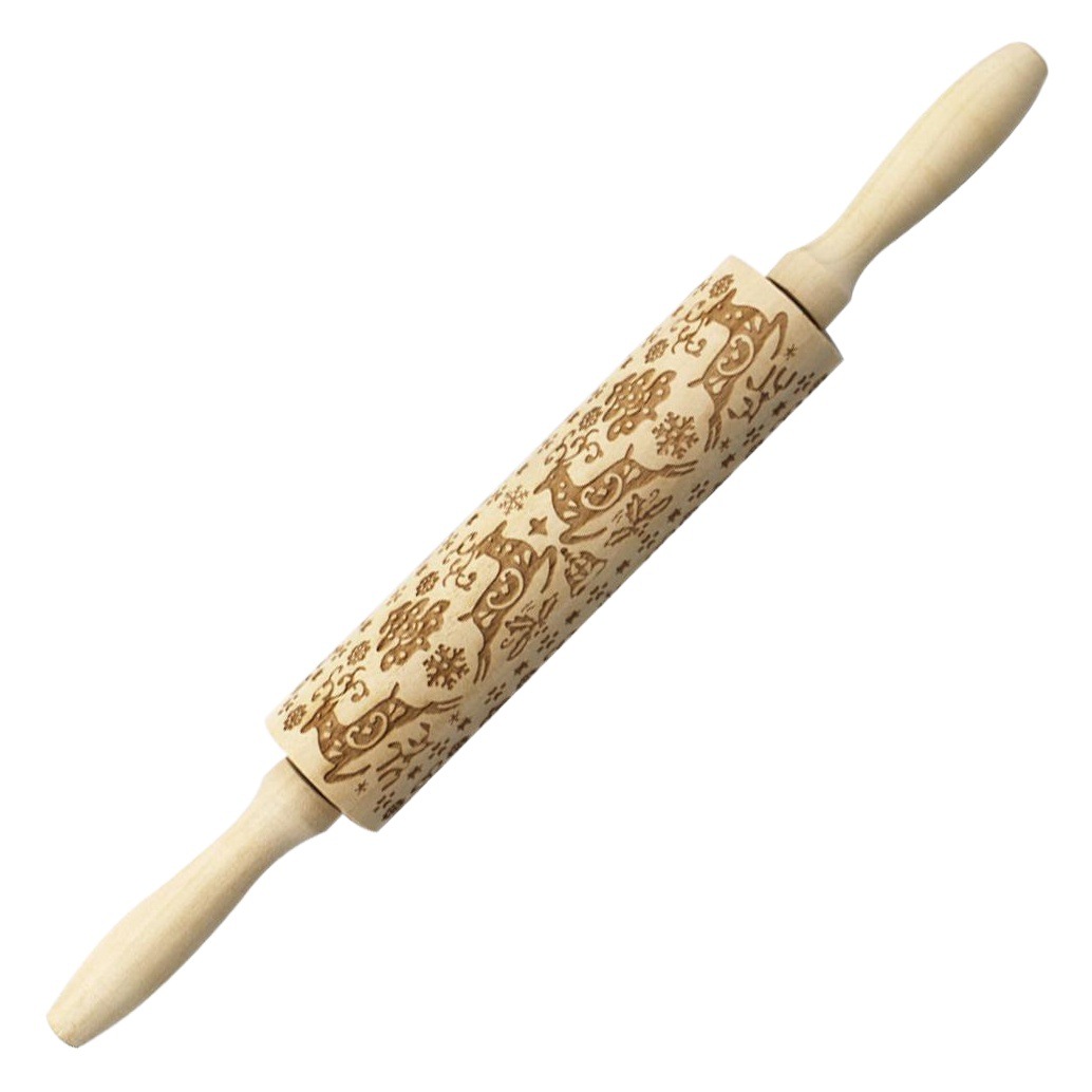 En stock Navidad ELK impresión rodillo de madera grabado láser en relieve rodillo galleta masa palo
