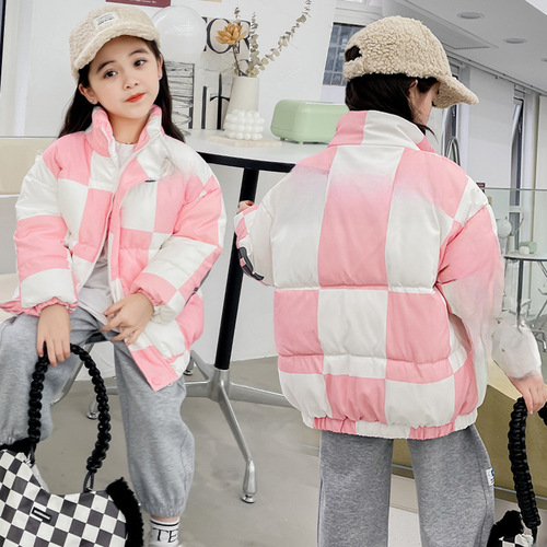 Children's winter down and cotton coats for foreign trade, small and medium-sized children, unisex baby short down jackets, trendy grid-style turtleneck jackets