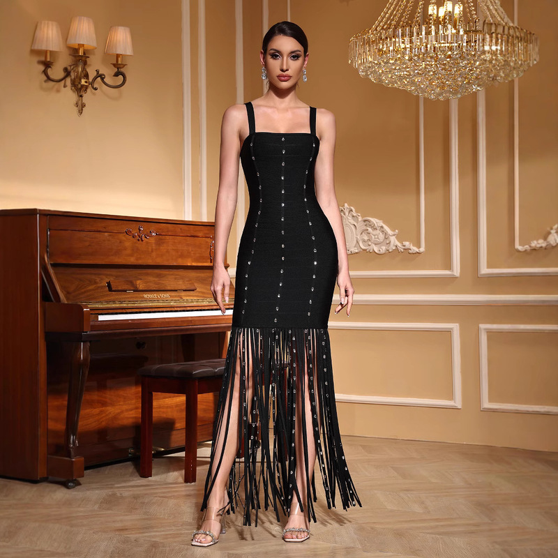 Cross-border Hot Sale Nightclub Bandage dress Women's Flash Diamond Tassel High Split Strap Slim Evening Dress Cross-border Hot Sale Nightclub Bandage dress Women's Flash Diamond Tassel High Split Strap Slim Evening Dress