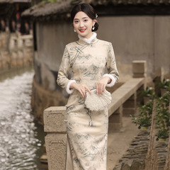 加絨冬裝中式長款改良旗袍2024新款年輕款女復古修身長袖日常可穿