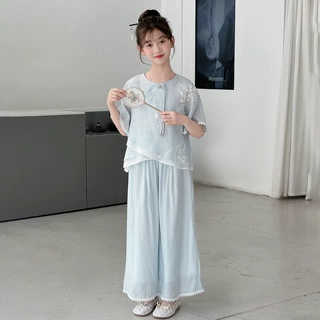 女童国潮风刺绣套装夏季2026新款新中式改良汉服蕾丝边大童夏装潮