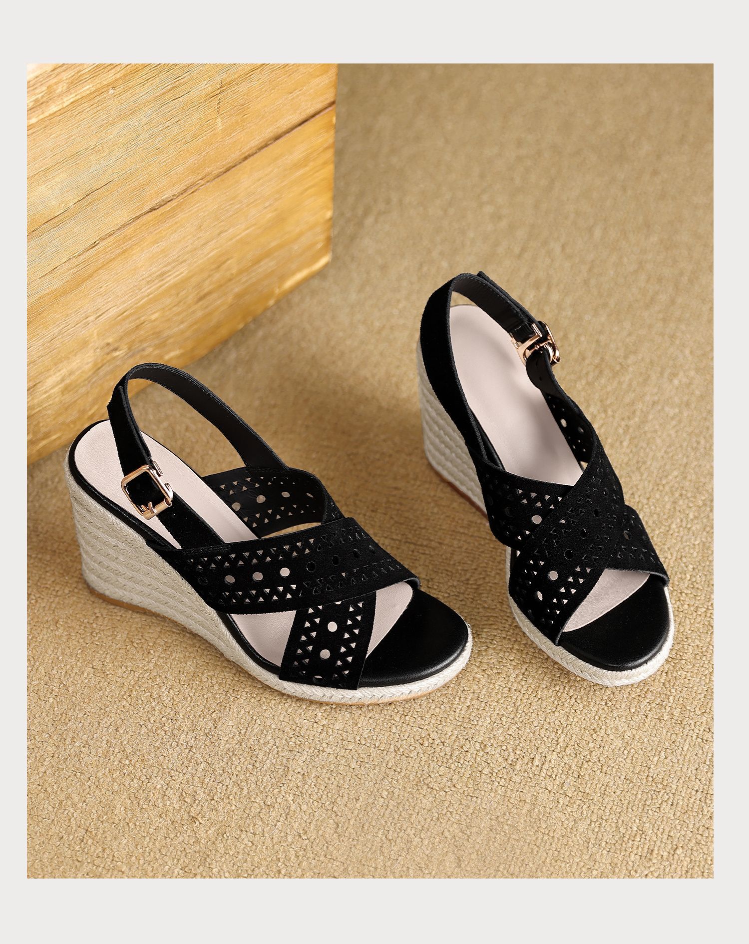 Sandal cao gót nữ quai chéo hở mũi đế xuồng bện rơm gót 8 cm — màu nâu, màu đen chi tiết 21