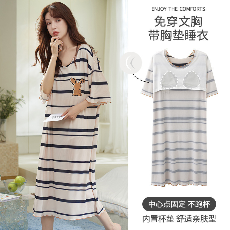 Nightgown with Chest Pad Summer New Modal Short-Sleeved Loose Long Pajamas Outer-Wearing Casual Fashion Home Clothes Nightgown with Chest Pad Summer New Modal Short-Sleeved Loose Long Pajamas Outer-Wearing Casual Fashion Home Clothes