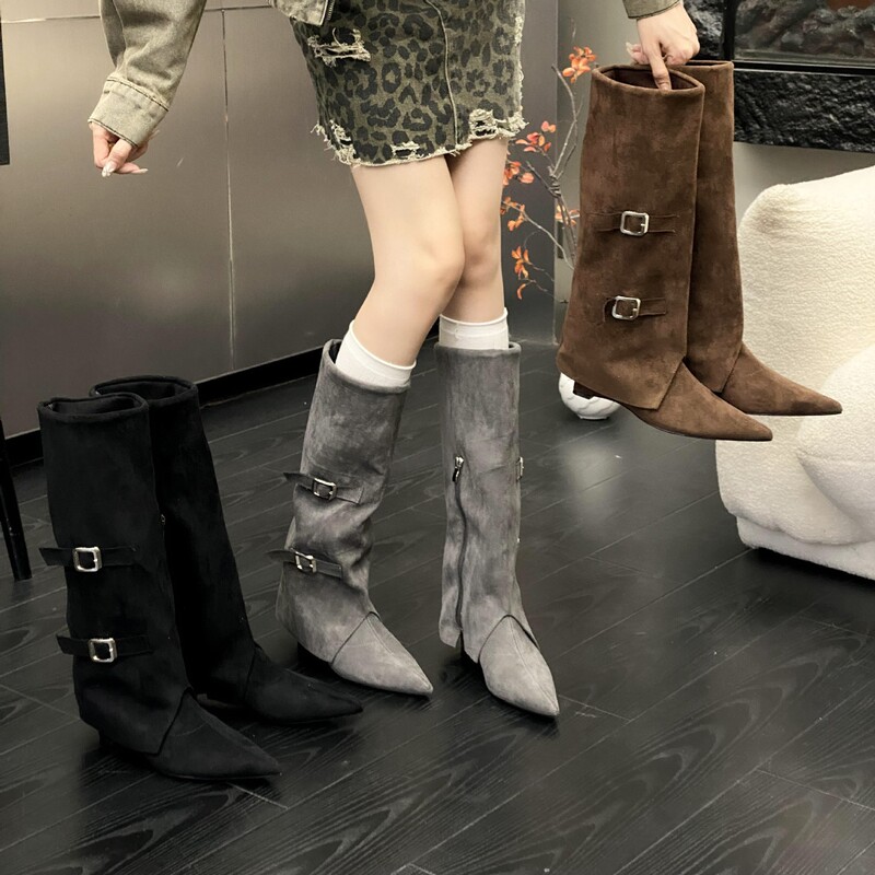 【Tax Not Included】High-Heeled Pointed-Toe Brown Boots, Mid-Calf Riding Boots, Women's Shoes, 2025 Spring, Autumn, and Winter Trouser Boots, Long Boots 【Tax Not Included】High-Heeled Pointed-Toe Brown Boots, Mid-Calf Riding Boots, Women's Shoes, 2025 Spring, Autumn, and Winter Trouser Boots, Long Boots