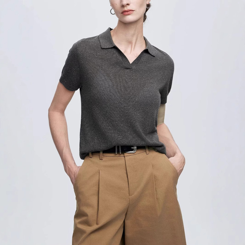 Thin Linen Polo Collar Short-Sleeved Knitwear for Women 25 Summer Lyocell Retro V-Neck Polo Shirt Top Thin Linen Polo Collar Short-Sleeved Knitwear for Women 25 Summer Lyocell Retro V-Neck Polo Shirt Top