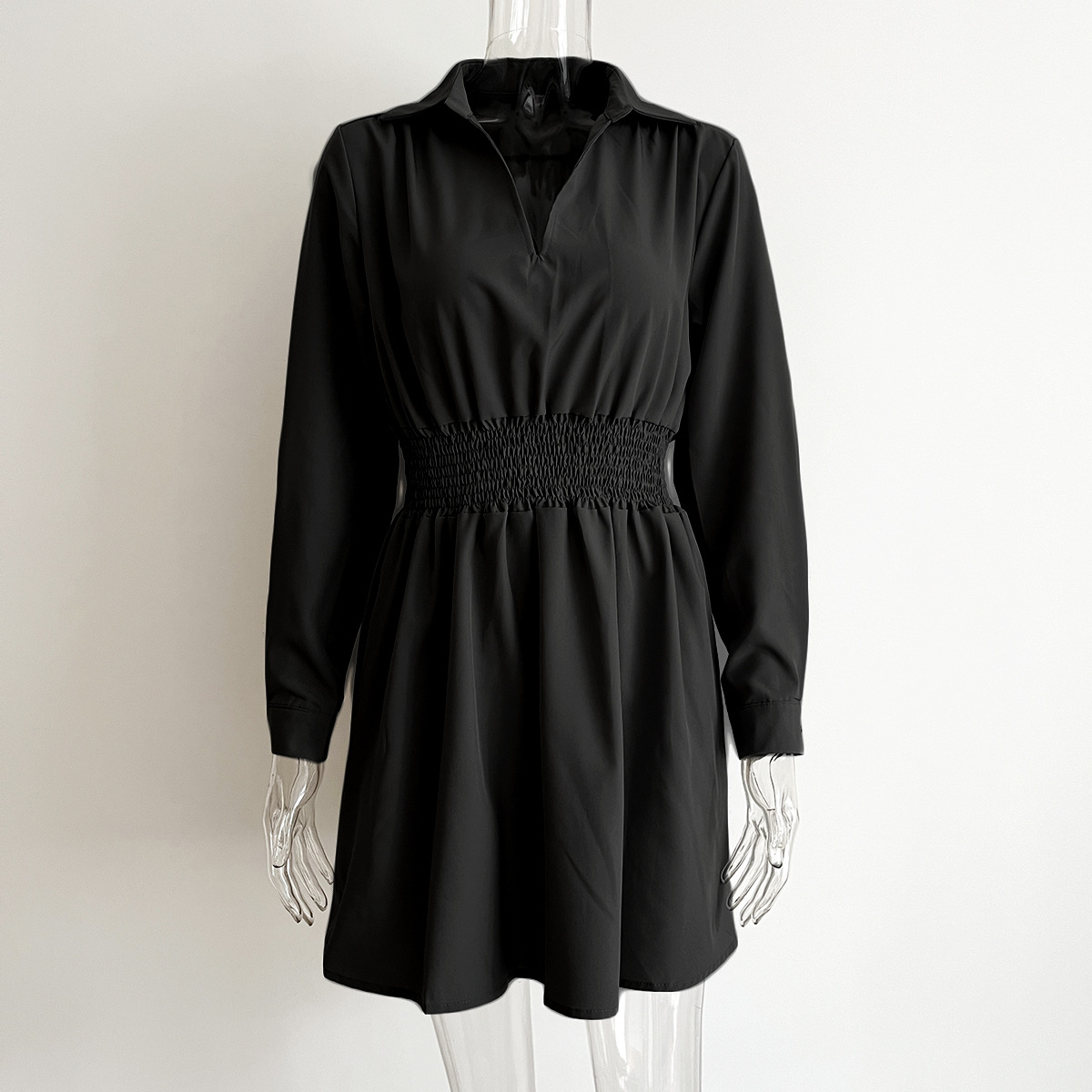 Blouse Collar Dress Women Smocking Waist Controlled Long Sleeves Spring Autumn Women Clothing