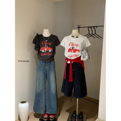 セナ【WGWE】韓国インスフレンチレトロカーカートゥーンプリントスリムフィット半袖Tシャツトップス