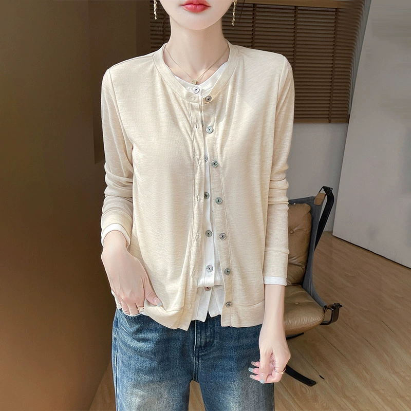 К spring summer вязаный кардиган, тонкий длинный рукав, набор, 2025 год, круглый ворот, свободный фасон