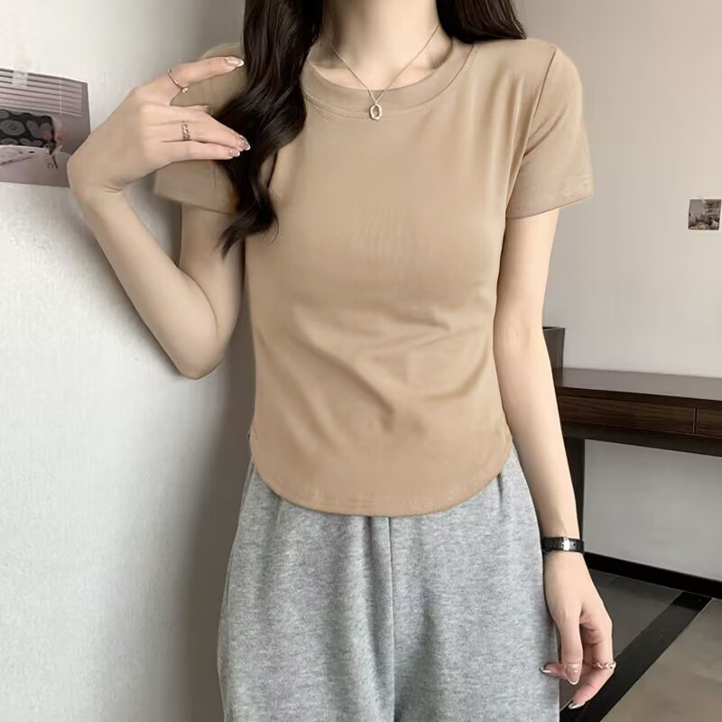 Threaded Cotton Short-sleeved Front Shoulder Crew Neck Solid Color T-shirt Women's Summer Hem Irregular Slim Versatile Top Basic_ecoleips.com