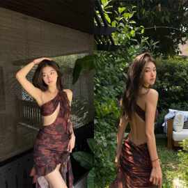 欧美新款性感镂空复古印花纯欲无袖露肩不规则长裙两件套泳衣女