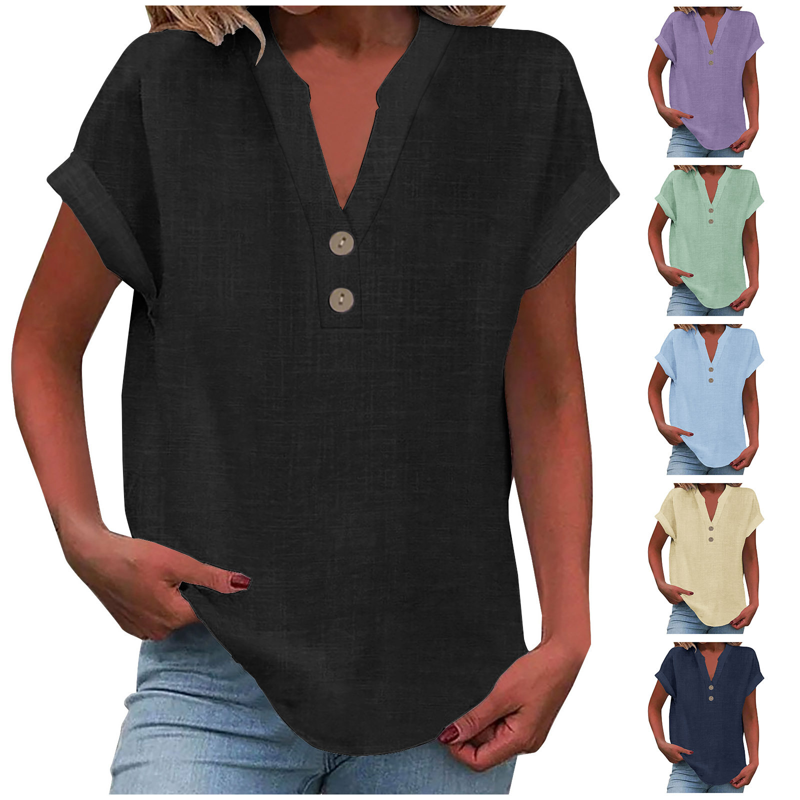 2025 European And American Summer Solid Color Stand Collar Button Short Sleeve Women's Shirt_ecoleips.com