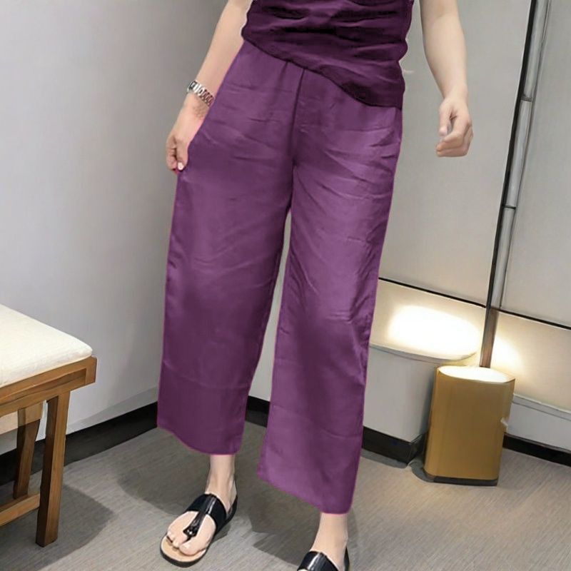 复古阔腿裤松紧腰气质显瘦麻裤夏季新款休闲九分裤棉麻阔腿裤女装