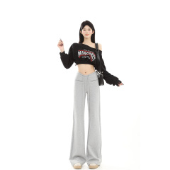 春秋用 ロング丈 グレー エアレイヤー ローウエスト マイクロフレア スポーツパンツ レディース ストレート 細見え カジュアル スウェットパンツ