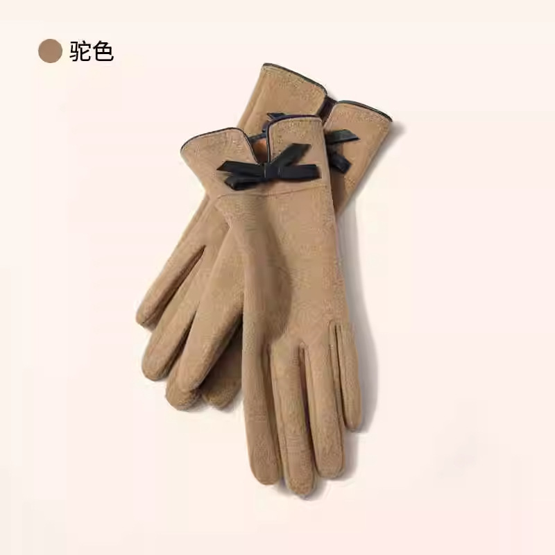 手套女冬季不倒绒手套冬蝴蝶结加绒触屏保暖抓绒骑行开车女士手套|undefined