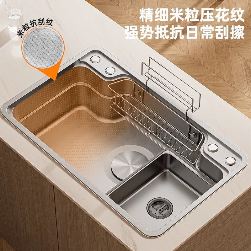 Japanese-Style Handmade Large Kitchen Sink with Thickened Stainless Steel, Extra Thick Dishwashing Sink with Integrated Slag Collection under the Counter