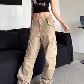 美式复古水洗做旧卡其色工装裤潮牌痞帅炸街裤子女cleanfit直筒裤