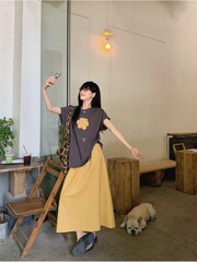 2025夏季套装圆领黄色花朵短袖T恤+宽松长款显瘦百搭半身裙套装女