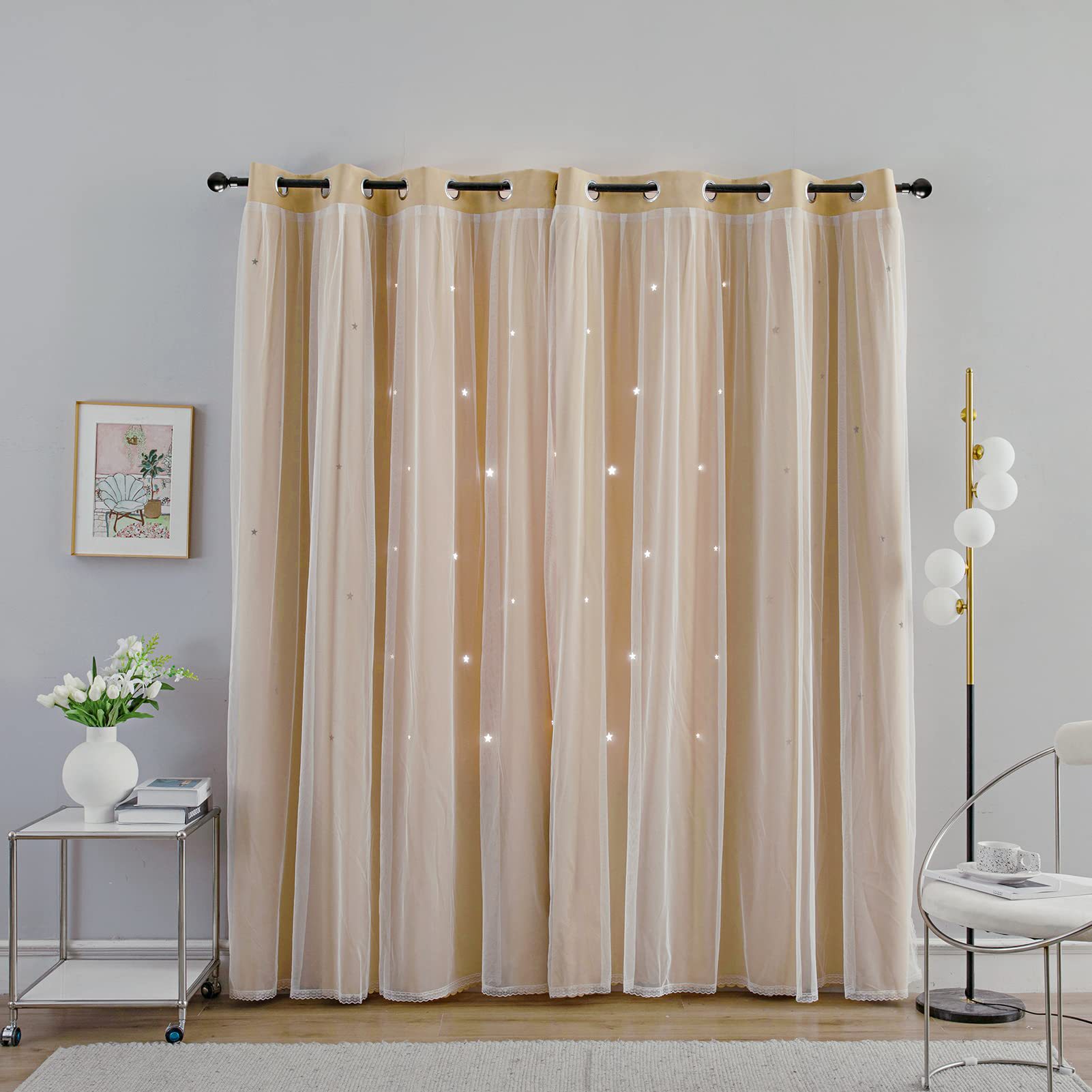 double layer curtains hollow star blackout rod punching short curtains_voghion.com