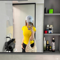 女性用夏半袖ショルダーTシャツ、夏新作スリムフィットラウンドネック無地インナー痩身Tシャツトップス